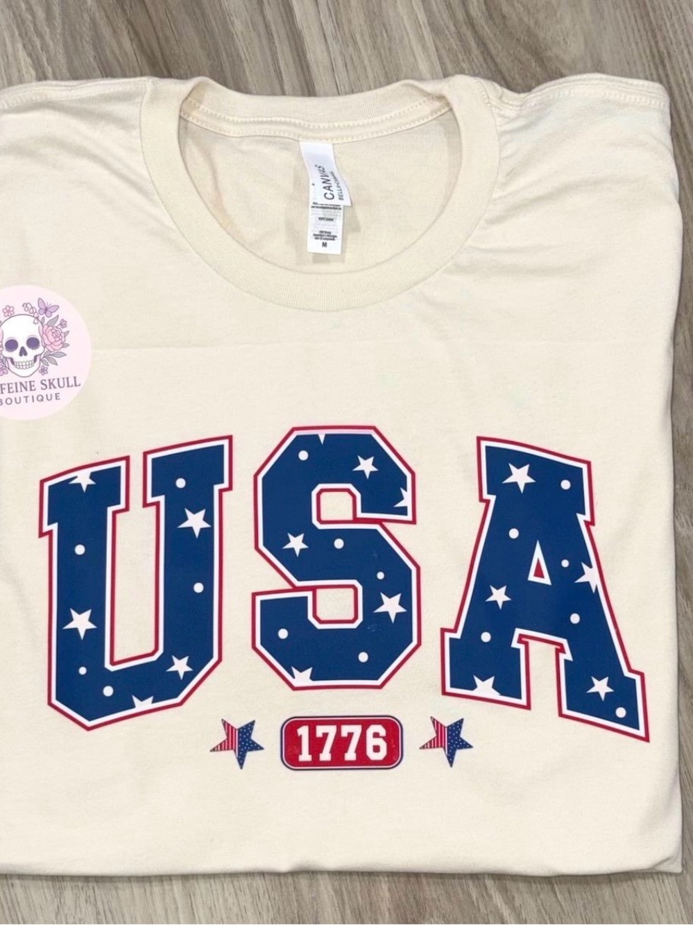 Bella Canvas Cream Short Sleeve Tee with Blue 'USA' Stars Print